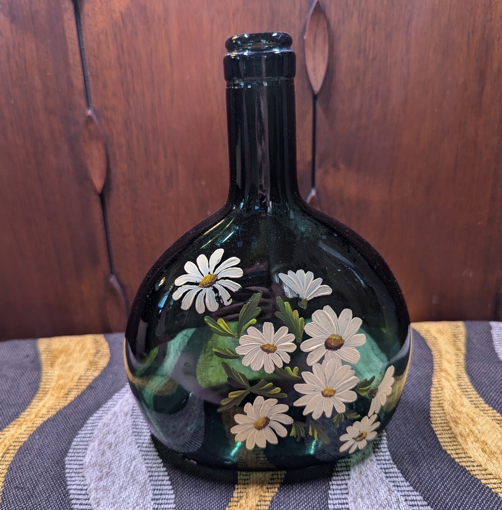 Handpainted Vintage Green Glass Bottle with Flowers
